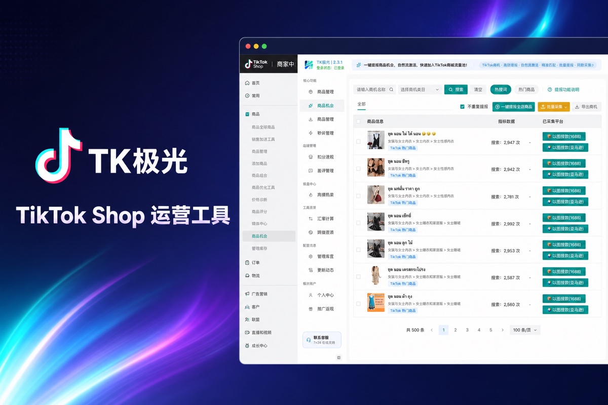 TK极光官网入口与功能导航 - TK极光 TikTok Shop 运营工具界面